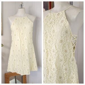 Zara Yellow Lace Sequin Mini Dress Floral Lattice Size Small Special Ocassion